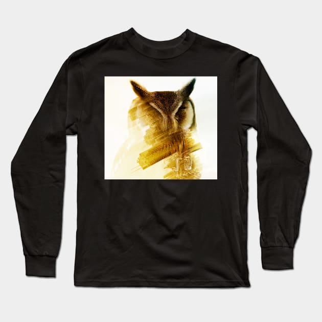 Owl Double Exposure photo manipulation city fantasy art Long Sleeve T-Shirt by Glass Table Designs